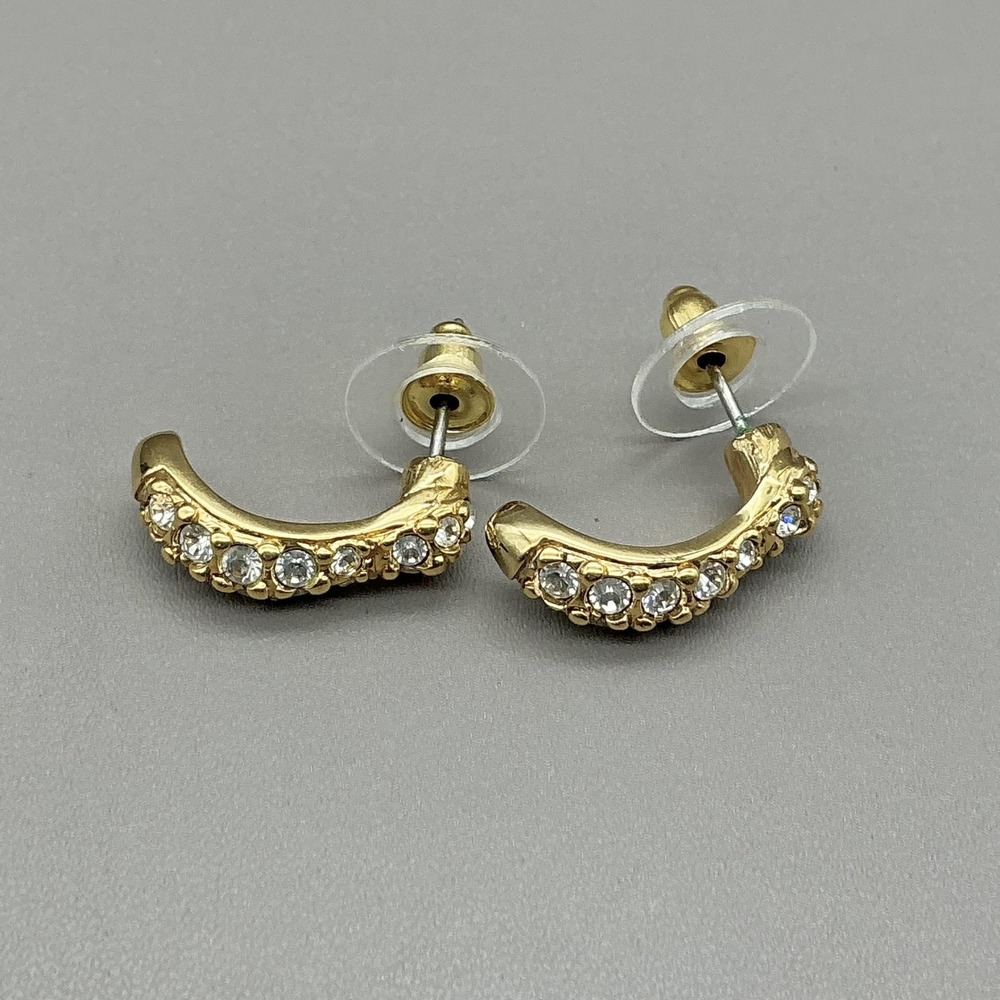 Swarovski Earrings Gold Tone Crystal Curved Half Hoop Stud Pierced Sparkle - Picture 5 of 9